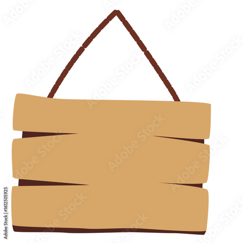 Wooden hanging signboard illustration with rope, rustic flat style, perfect for labels, icons, or banner decoration.