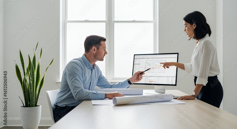 Two colleagues collaborate on a design project using a computer, reviewing blueprints and discussing ideas. Two colleagues collaborate on a design project using a computer, reviewing blueprints and discussing ideas.