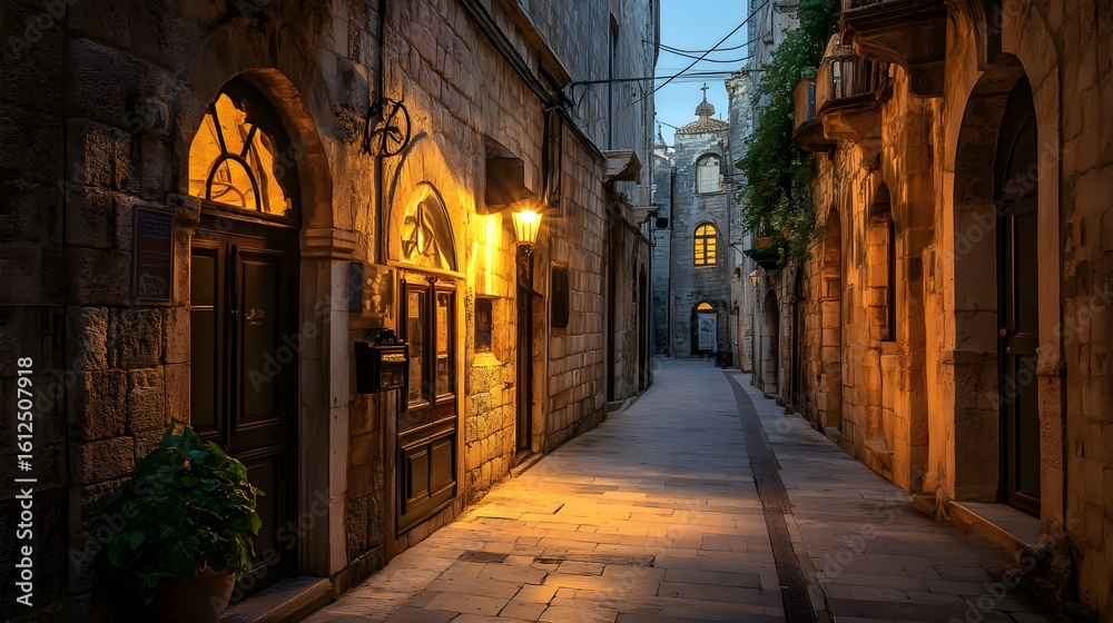 Obraz premium Charming old town alleyway at dusk golden hour