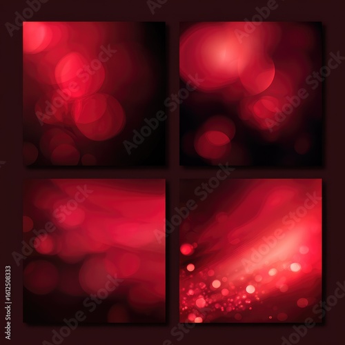 Four square images showcasing various shades of red bokeh effects, ranging from soft blurs to vibrant sparkles.  Each image offers a unique texture and light distribution