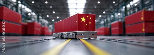 High-tech logistics warehouse features automated transport system handling shipping containers in efficient operations