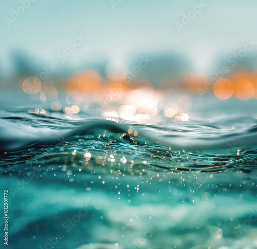 Underwater perspective of rippling ocean surface, sunlit bokeh reflecting on water, teal and turquoise hues, shallow depth of field