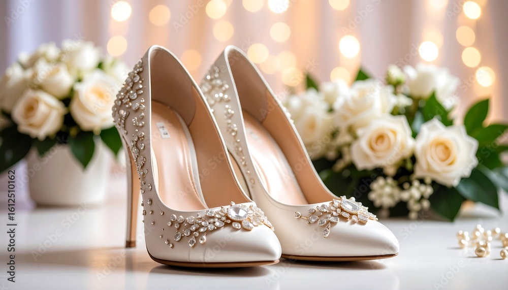 Obraz premium Elegant wedding shoes adorned with rhinestones accompanied by white rose bouquets