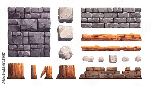 A collection of pixel art assets depicting various stone and wood textures, including wall sections, loose stones, and tree stumps, suitable for game development or similar applications