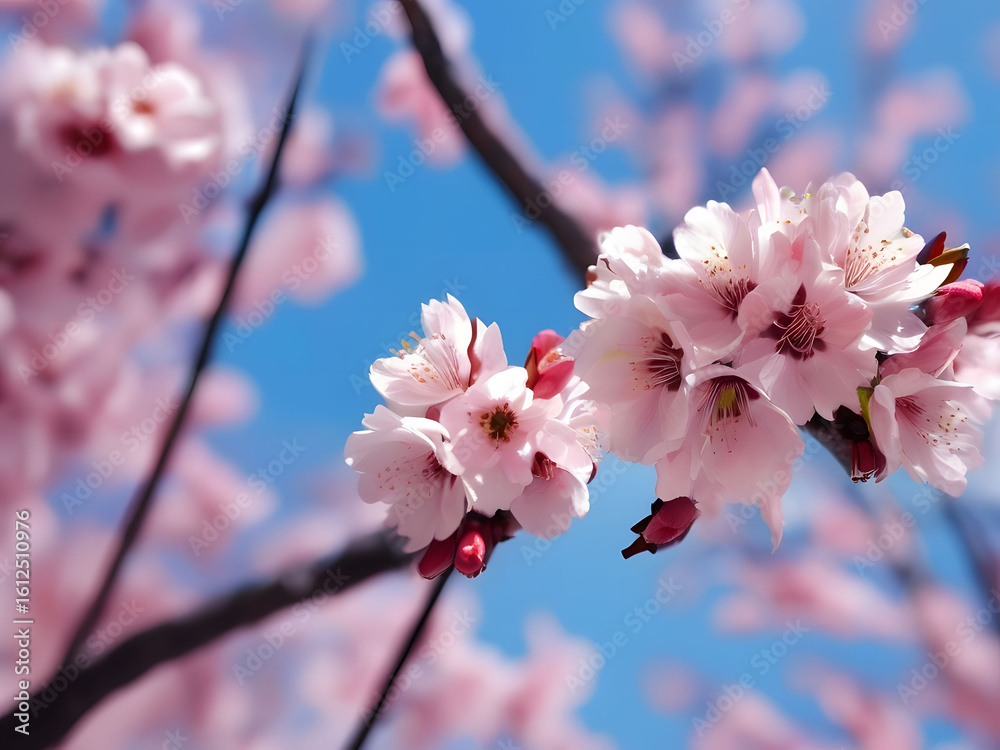 Obraz premium Close up of delicate pink cherry blossom flowers blooming in spring. Beautiful spring floral backdrop for nature, botany, or seasonal photography.