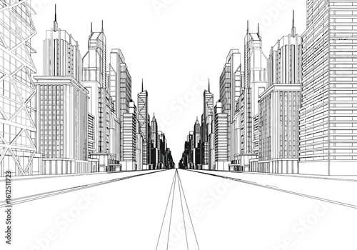 Abstract architectural sketch of a symmetrical city street lined with tall buildings receding into the distance