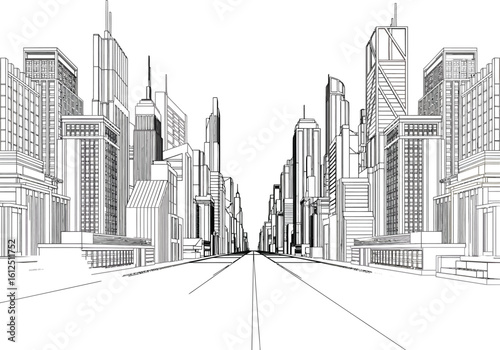Striking black and white architectural sketch of a futuristic city street with towering skyscrapers and a vanishing point perspective