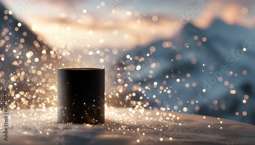 Black cylinder on snowy surface, magical bokeh backdrop
