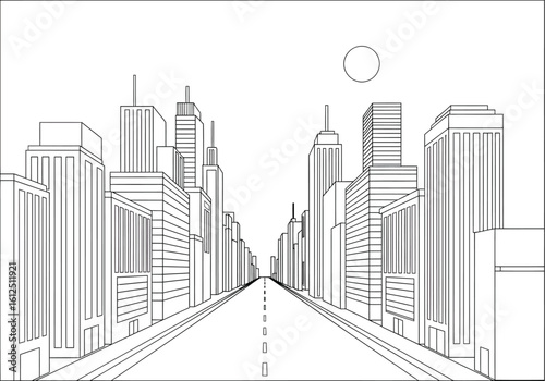 Linear perspective drawing of a city street with tall buildings on either side leading to a vanishing point