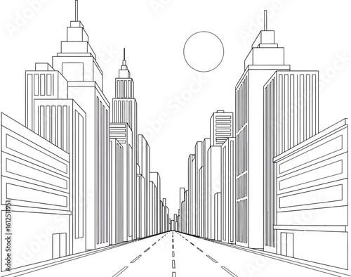 Architectural sketch of a symmetrical city street lined with tall buildings and a distant sun under a clear sky