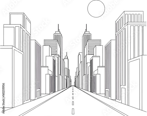 Architectural sketch of a symmetrical city street with tall buildings receding into the distance under a bright sun