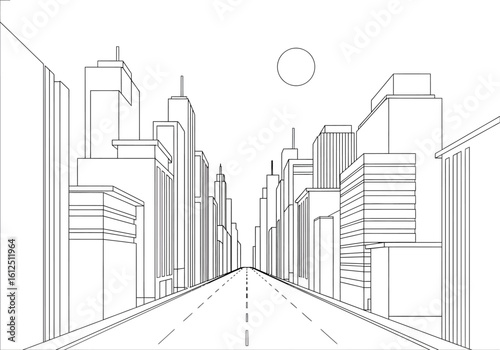 Stylized black and white sketch of a city street with tall buildings and a vanishing point perspective