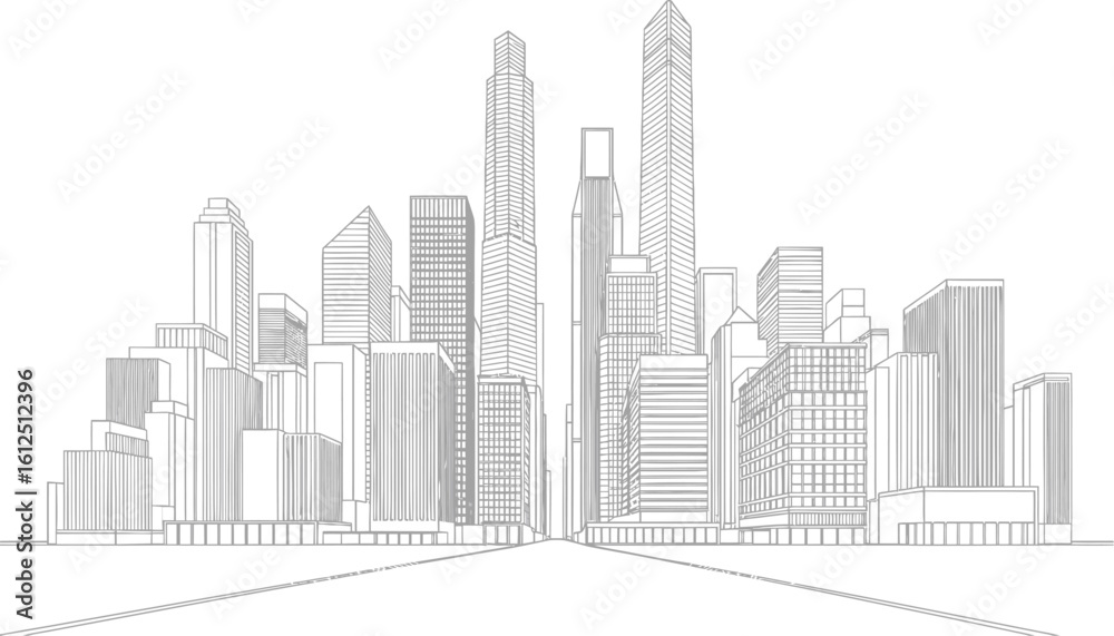 Detailed architectural sketch of a modern city skyline featuring diverse skyscrapers and a sense of urban development