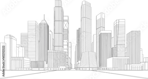 Detailed architectural line drawing of a modern city skyline with diverse skyscrapers and urban landscape