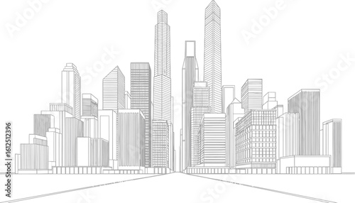 Detailed architectural sketch of a modern city skyline featuring diverse skyscrapers and a sense of urban development