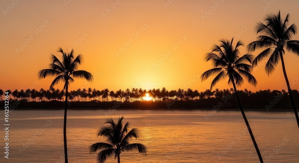Obraz premium Serene Sunset Over Tropical Beach with Palm Trees and Calm Water