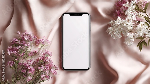 Smartphone with blank screen is displayed on pink silk fabric with flowers