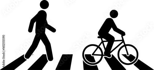 Pedestrian and Bicycle Crossing: A simple yet powerful icon representing a person walking and pushing a bicycle across a crosswalk. Emphasize safe pedestrian and cyclist interaction. 