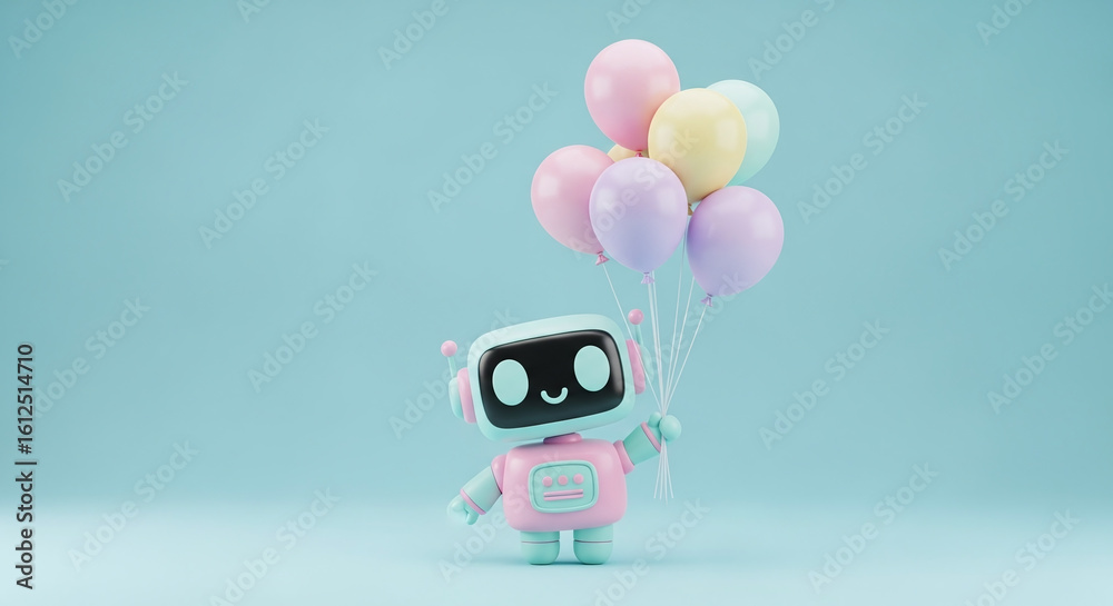 Naklejka premium An adorable robot character is holding colorful balloons on a soft blue backdrop.