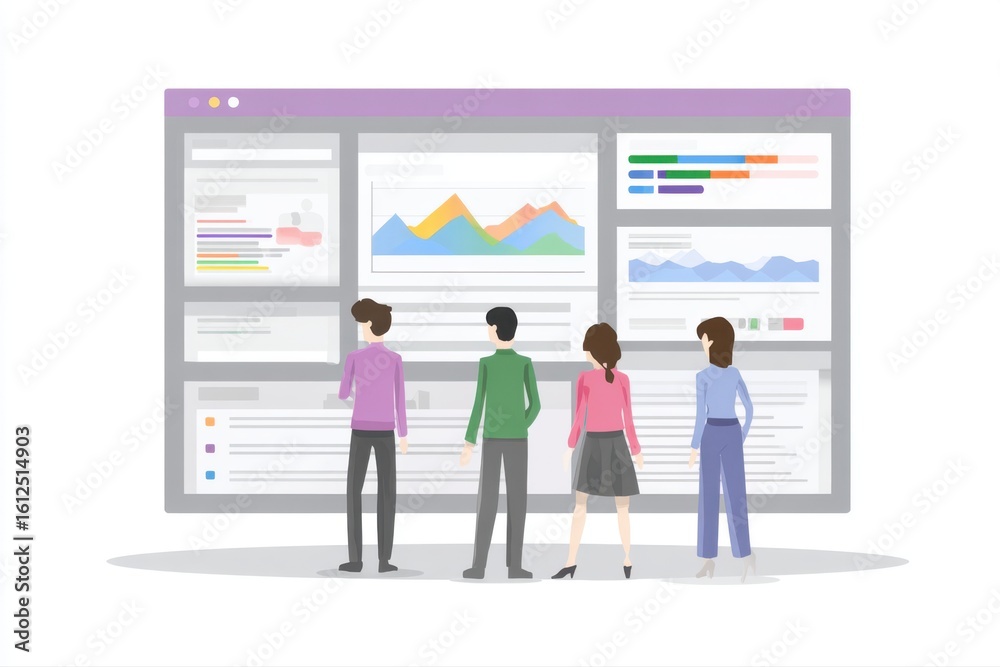 Obraz premium A group of people gathered around a large screen displaying various graphs and data during a marketing presentation.