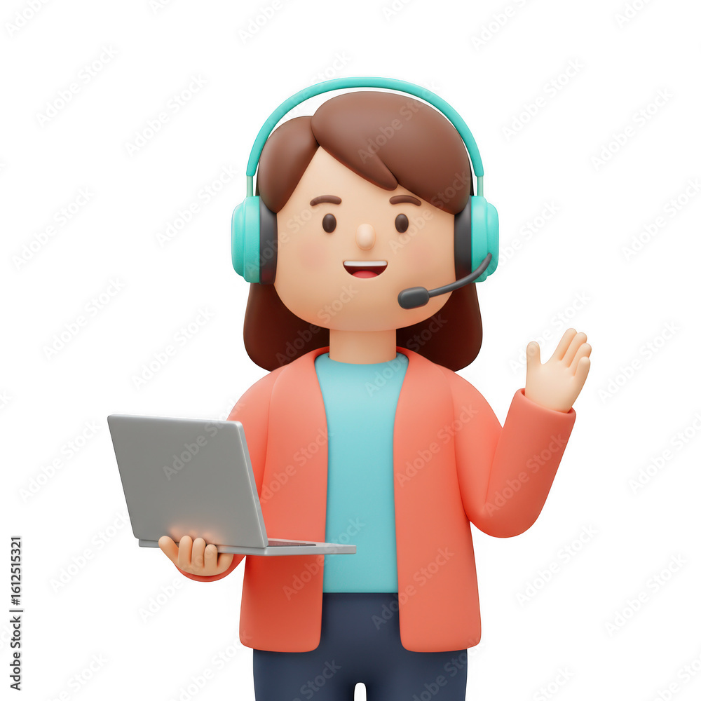 Cartoon woman with headset holding laptop and waving isolated on transparent background Cartoon woman with headset holding laptop and waving isolated on transparent background