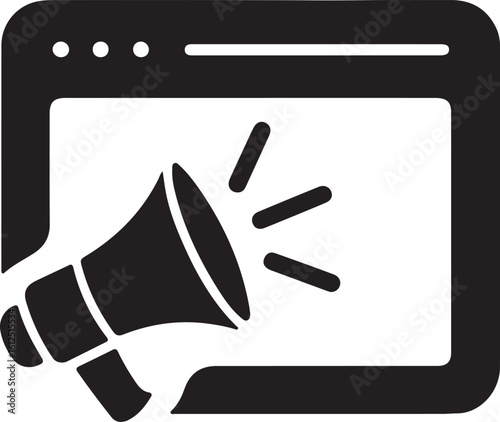 Website Announcement: Bold Black Vector Icon Sign, Megaphone Symbol, Digital Marketing Graphic