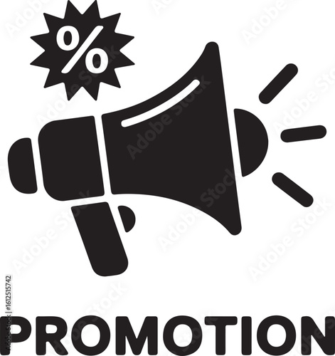 Bold Black Vector Icon: Megaphone Promotion Sign, Discount Symbol