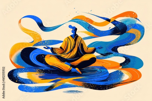 A woman wearing a vibrant blue and orange dress sits gracefully on a wave patterned seat, exuding a sense of relaxation and tranquility.