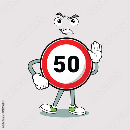 Speed limit cartoon sign character illustration, great for driver education, traffic regulation visuals, and safety reminders.