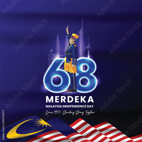 Malaysia Independence Day Poster. Celebrate Malaysia’s 68th Independence Day with a bold neon “68”, iconic landmarks and patriotic illustration with waving Jalur Gemilang—a perfect tribute to national