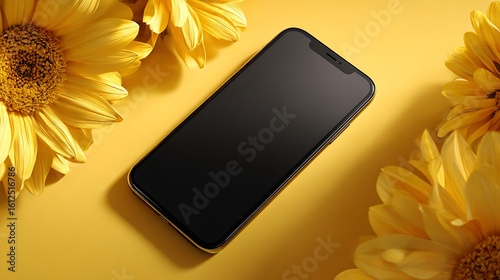 A smartphone rests among bright sunflowers on a sunny yellow backdrop