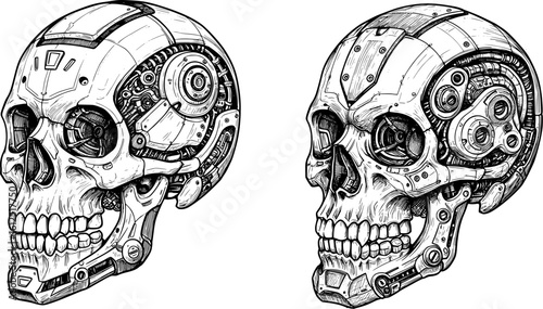 Intricate cybernetic skulls, perfect for futuristic, edgy, and technological concepts