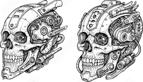Intricate cybernetic skulls showcasing futuristic technology and dystopian mechanical designs