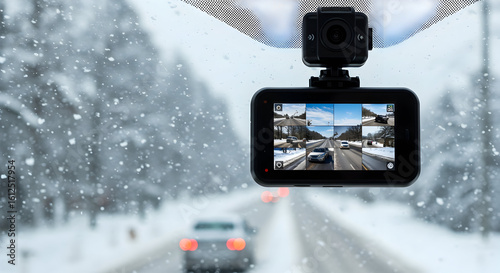 Dashboard Camera Capturing Snowy Winter Road Conditions During Driving Through Scenic Landscape