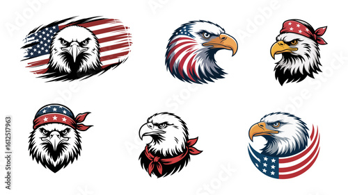 Patriotic Eagle Heads With American Flag Designs. Isolated On White background.