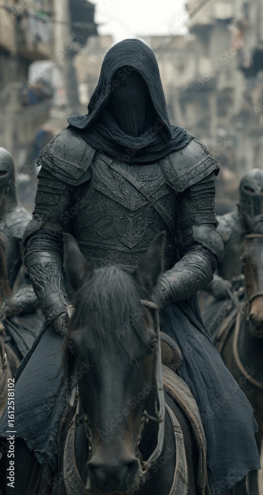 Fototapeta premium Armored figure on horseback with veiled face and shadowed hood leads similar riders through a crowded, faded urban scene