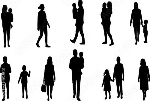 A collection of silhouette figures depicting mothers, fathers, and children in various poses, including carrying and walking together.