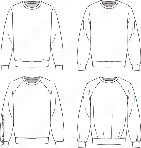 Crew neck sweatshirt flat sketch, front view, vector fashion template, technical drawing for design, pullover fleece apparel illustration