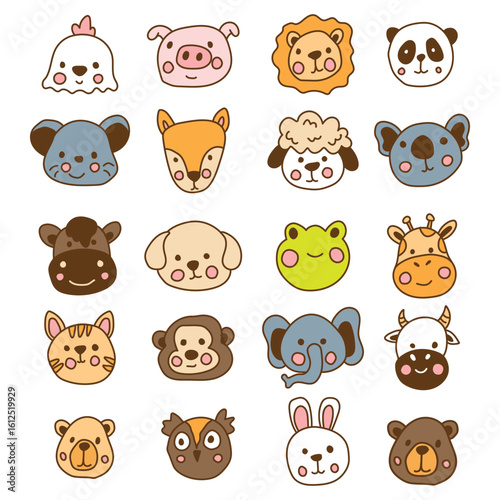 Cute animal head collection cartoon icon illustration