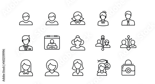 Line editable icon set of diverse people icons representing various professions and activities line icon set