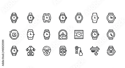 Line editable icon set of diverse watch icons, showcasing various styles and designs line icon set