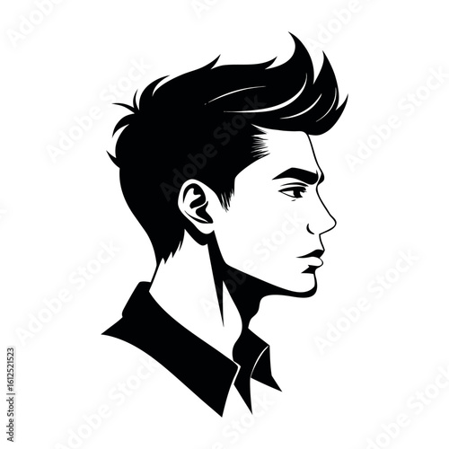 Stylized black and white sketch of a young man s profile with tousled hair and a sharp jawline