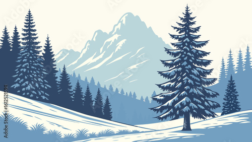 Winter landscape scene drawing with snowy mountains and pine trees vector illustration background for design
