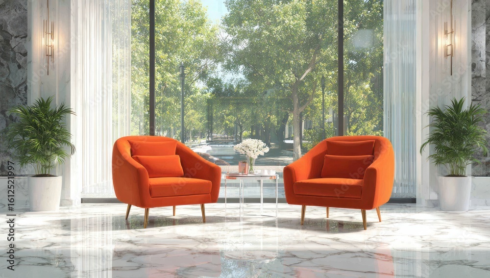 Fototapeta premium Modern bright indoor space with two orange armchairs facing a large window overlooking lush green trees. Marble floor and walls, with potted plants framing the scene. Sunlight floods the room