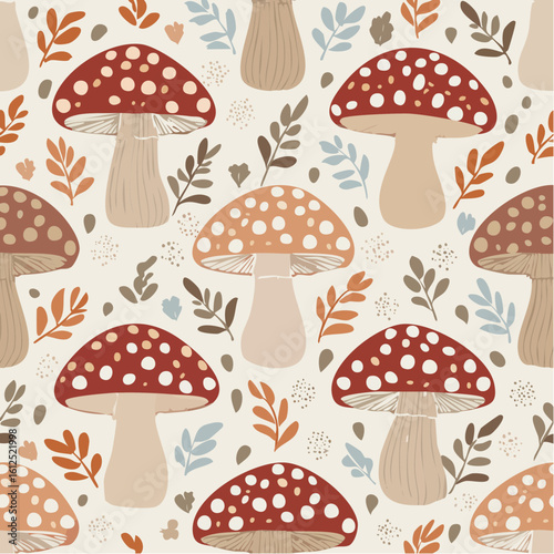 retro mushroom forest repeat seamless pattern in cozy brown and cream tones on 500x500 px rgb artboard at 300 dpi for vintage-inspired nature designs