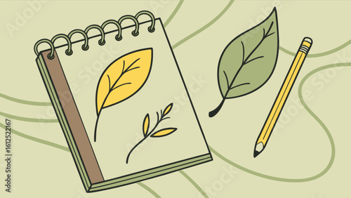 Leaf drawing in sketchbook with pencil illustration for botanical art and nature study design concept