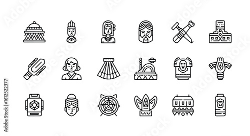 Line editable icon set of cultural and historical icons representing traditional artifacts and people line icon set