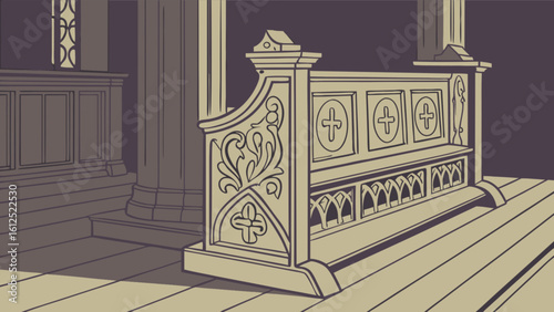 Explore vintage church interior with wooden pews and religious symbols in detailed illustration style
