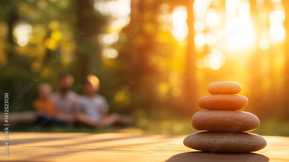 Obraz premium Serene scene featuring stacked stones symbolizing balance, with family background enjoying