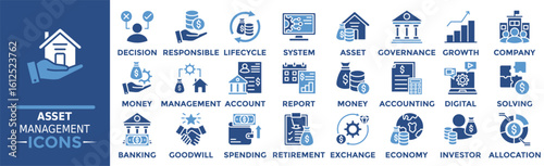 Asset Management icon collection set. Containing decision, responsible, lifecycle, system, asset, governance, growth and more. Solid vector icons collection
